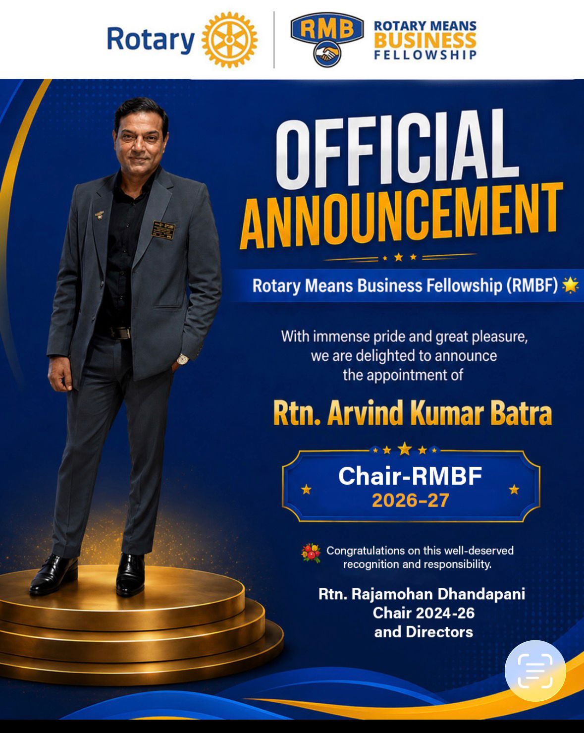 Rtn. Arvind Kumar Batra as the Chair